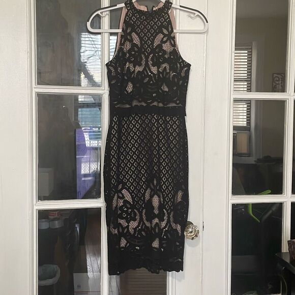 ASOS Dresses & Skirts - ASOS floral lace halter bodycon midi pencil black dress w/ high neckline size 6